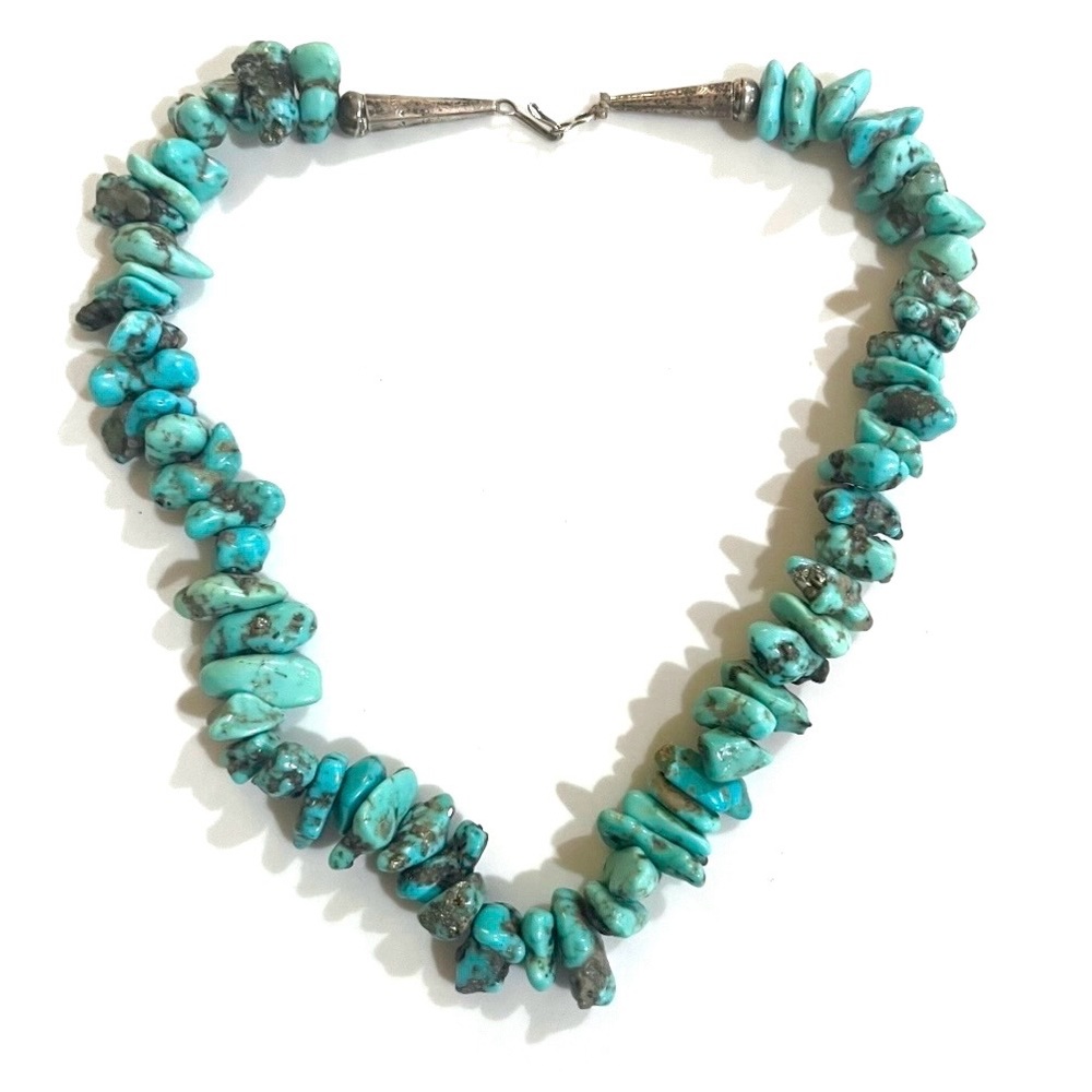 Navajo, Vintage Old Pawn Morenci Turquoise Nugget Sterling Silver 19” Necklace